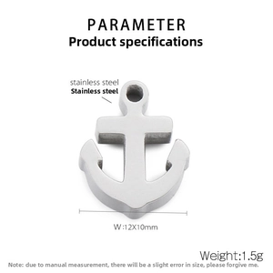 Detailed macro view of 12x10mm polished stainless steel anchor charm with dimensions