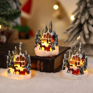Christmas Miniature Snow House Resin Ornament LED Light Up Micro Landscape Desktop Decoration Festive Gift Village Scene
