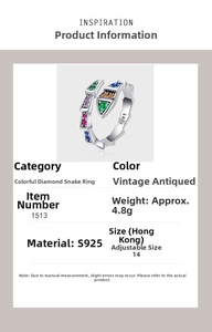 Detailed chart of S925 sterling silver snake ring with colorful zircons and size info