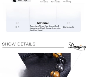 Detail view of 10mm tiger eye and onyx beads with adjustable 19-30cm braided strap