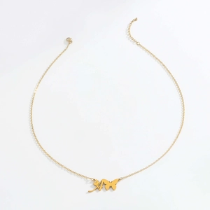 Golden stainless steel initial A necklace featuring a butterfly pendant and adjustable chain