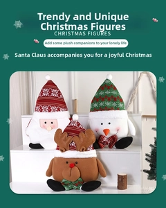 Detailed plush texture of Santa, Snowman and Reindeer dolls with knitted snowflake hats