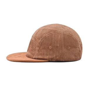 Brown corduroy 5-panel baseball cap with flat brim and metal eyelets on white background