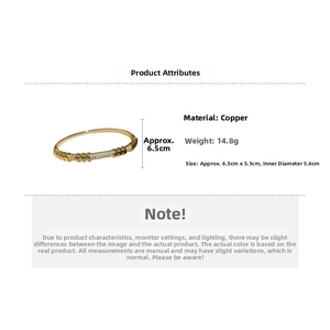 Detailed specifications of 18K gold plated zircon rivet bangle with size and weight info