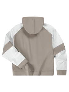 Rückansicht eines Kapuzenpullovers im Color-Block-Design mit taupefarbenem Body
