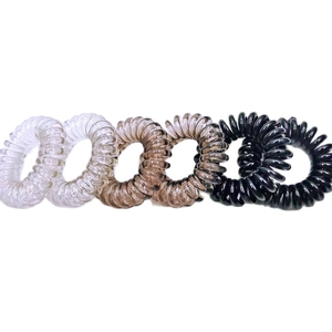 Detailed view of three spiral hair ties in transparent, amber, and black gradient shades