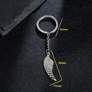 Minimalist stainless steel feather wing pendant keychain with 25mm ring and 33mm charm