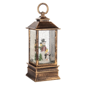 Lanterne de Noël vintage en bronze avec boule à neige musicale et bonhomme de neige