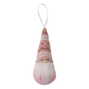 Pink and white knitted Christmas gnome ornament with faux fur beard and silk hanging loop