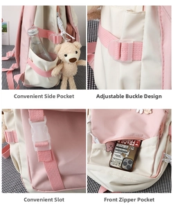 Detailansicht des rosa-weißen Rucksacks mit Seitentaschen, Gurten und Schnallen