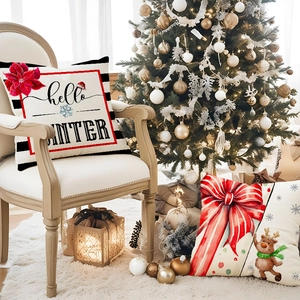 Christmas Santa and Reindeer linen pillow covers for holiday sofa and home decor