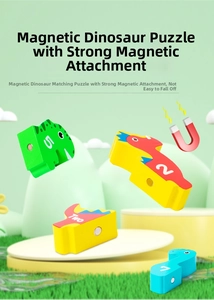 Detail of magnetic wooden dinosaur blocks featuring numbers and word matching design