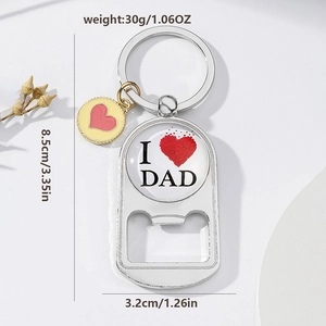 Detail of I Love DAD bottle opener keychain with pink heart charm and size parameters