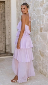 Detail of lavender tiered chiffon maxi dress featuring halter neck and ruffled skirt