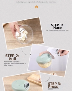 Three-step guide showing the manual pull-string food processor grinding garlic easily