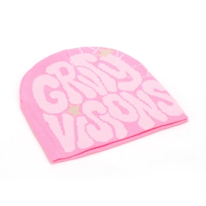 Détail du bonnet en maille rose avec texte Early Visions jacquard et motifs d'étoiles