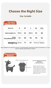 Size chart for pet bodysuit with measurements for S to 2XL and sizing guide