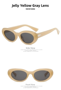 Detail view of oval jelly yellow retro sunglasses with dark grey lenses in two angles