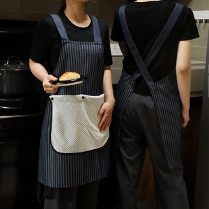 Dark blue striped kitchen apron with hand-wiping towels, front and back view