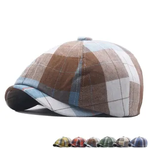 Vintage colorful plaid beret newsboy cap for men and women with retro checkered pattern
