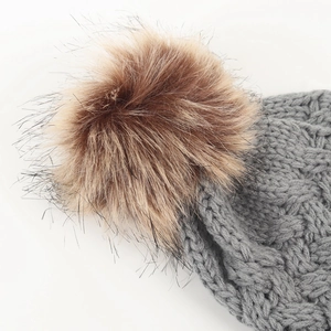 Gray chunky knit baby beanie with large brown faux fur pom pom for 0-12 months infants