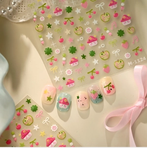 Autocollants nail art mignons fruits et champignons M-1124 sur ongles pastels
