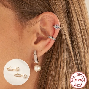 Elegant 925 sterling silver earring set with white shell pearls and colorful zircons