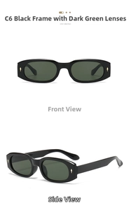 Detail of oval sunglasses with black frames, green lenses, and silver arrow studs