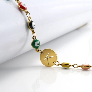 18K gold plated evil eye bracelet with colorful enamel beads and letter K pendant
