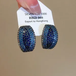 C Shaped Stud Earrings Micro Paved Blue Gradient Zircon Copper Base With Silver Earring Post Elegant Vintage Jewelry Women