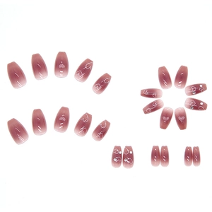 Gray purple gradient press-on nails with heart patterns and rhinestones long ballet shape
