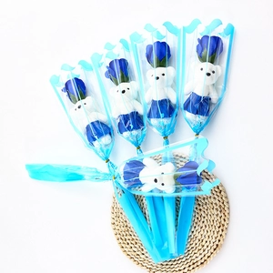 Set of 6 blue soap roses with white plush bear bouquets in blue wrap for gifts