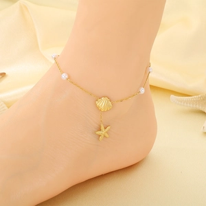 Elegante tobillera de playa de verano con colgante de estrella de mar y concha