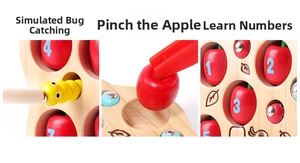 Toddler wood toy detail showing magnetic worm catching, apple clipping, and number learning