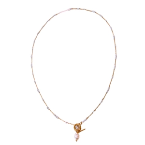 Collier vintage en acier doré avec petites perles et pendentif perle baroque fermoir OT