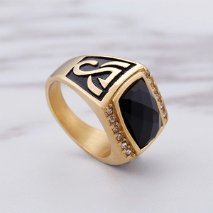 Men's gold-tone stainless steel ring featuring a square black stone and white zircons