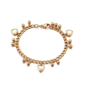 Golden titanium steel link bracelet featuring heart pendants and bead charms for women