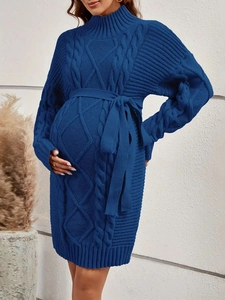 Maternity Knitted Sweater Dress High Neck Long Sleeve Cable Knit Belted Solid Color Polyester Slim Fit Fall Winter