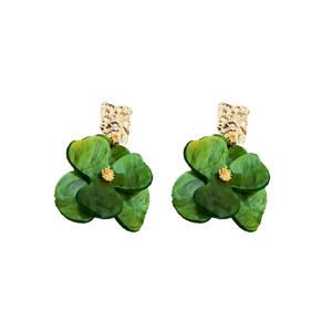 French vintage green acrylic flower earrings with gold petals and silver needles