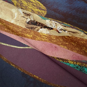 Close-up of high-quality mountain landscape tapestry with soft velvet fabric texture