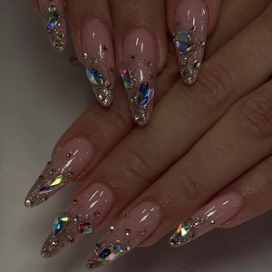 Long Almond Press On Nails Nude Pink Gold Glitzer Farbverlauf Strass Luxus Handgefertigt Künstliche Nägel Stiletto