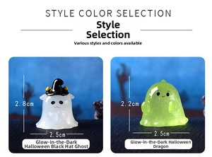 Glow-in-the-dark Halloween ghost and green dragon resin figures with exact dimensions
