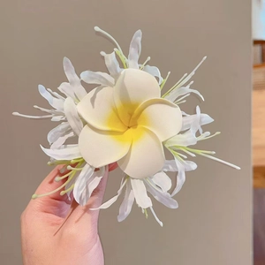 Elegant white mesh flower hair clip with a yellow gradient frangipani design