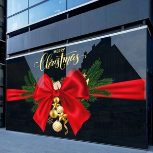 Christmas window stickers with red bows, pine branches, and golden ornaments
