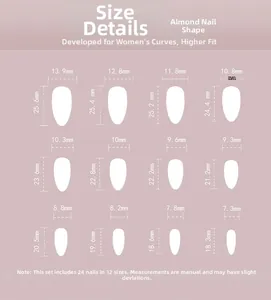Size chart for 24pcs almond press-on nails showing 12 different width and length dimensions
