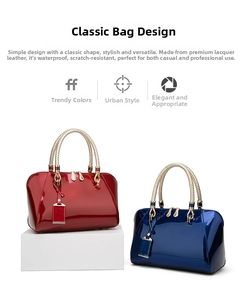 Detail of burgundy and navy patent leather handbags with gold braided metal handles