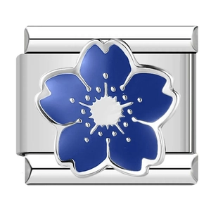 Italian charm link in silver stainless steel with blue enamel cherry blossom flower
