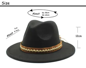 Größentabelle mit Umfang, Krempe und Höhe des schwarzen Wollfilz-Fedora-Hutes