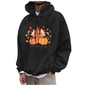 Black Thanksgiving hoodie for men and women featuring colorful turkey pumpkin print