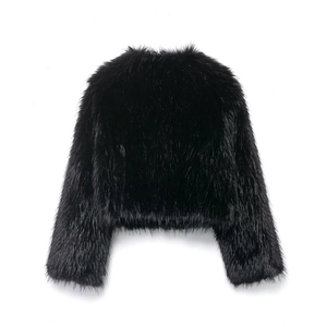 Women's black faux fur short coat with dense plush texture shown in flat lay